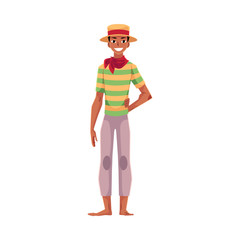 Brazilian man in traditional costume for Festa Junina party, wearing straw hat and red neck tie, cartoon vector illustration isolated on white background. Brazilian man dressed for Festa Junina party