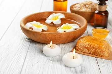 Fototapeta na wymiar Beautiful honey spa composition on wooden table