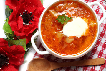 borsch borscht borshch in plate with wood spoon and black bread isolated on white