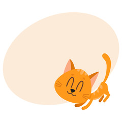 Cute and funny red cat character, fawning, asking for caress, cartoon vector illustration with place for text. Cute and funny red cat character, nice and sweet with tail up