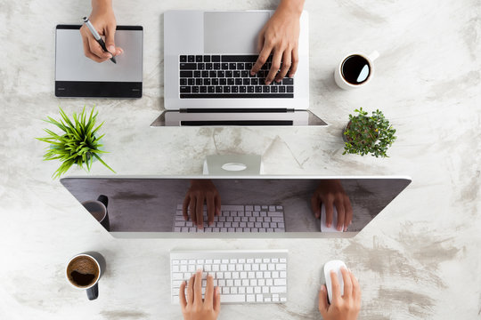 top view of creative working desk
