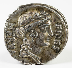 Ancient Roman silver denarius coin of A. Licinius Nerva. Obverse.