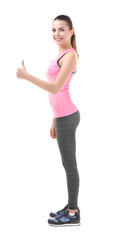 Incorrect posture concept. Young woman showing thumb up gesture on white background