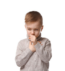 Cute little boy coughing on white background