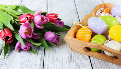 Easter eggs and tulips