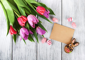 tulip bouquet and blank greeting easter card