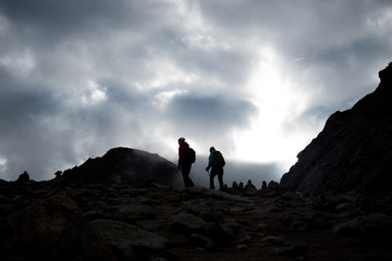 Silhouette of people go to Dolma La pass Himalayas mountain Kailas yatra