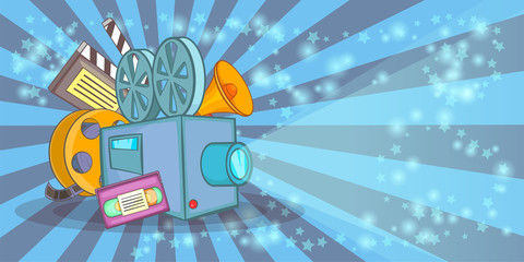 Cinema movie horizontal banner blue, cartoon style