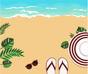 Sand beach background.with hat, shoes and glassesnear the sea palm leaves. Hand drawn vector illustration. Space for your text. Template for your design.