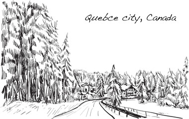 sketch cityscape of Quebec, Canada show snow and houses view, free hand draw illustration vector