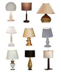 Set of different lamps. Collage of old and modern table lamps isolated on white background