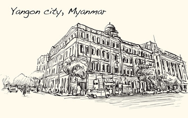 sketch cityscape of Yangon city, Myanmar show perspective view colonial building in downtown, free hand draw illustration vector