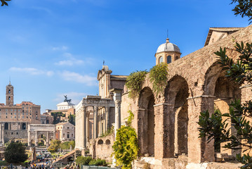 Fototapeta premium Rome, Italy. Ruins of Roman Forum on left - to right: Tabularia, Arch of Septimius Severus, Mamertinum (church of San Pietro in Carcer), Temple of Antoninus and Faustina, Medieval Portico