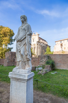 Rome, Italy. Antique Sculpture of the Vestal in the Atrium of the House of the Vestal Virgins at the Roman Forum