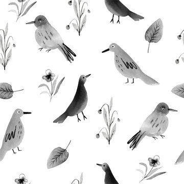 seamless pattern with hand drawn birds and flowers