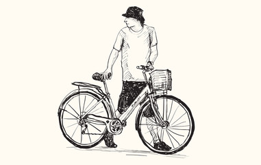 Fototapeta na wymiar sketch of a man and bicycle, free hand drawing, vector and illustration