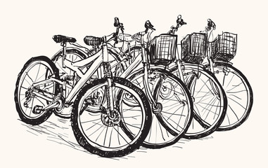 Obraz premium Sketch row of bicycle for sell or rent , free hand draw illustration vector