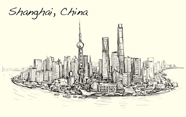 sketch cityscape of Shanghai skyline free hand draw illustration vector