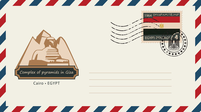 an envelope with a postage stamp with complex of pyramids in Giza, and the flag of Egypt