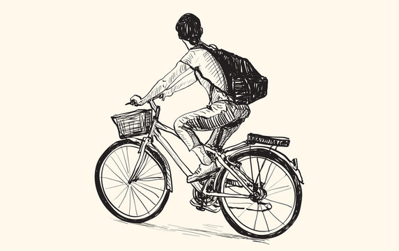 sketch of a woman riding bicycle, free hand drawing illustration vector