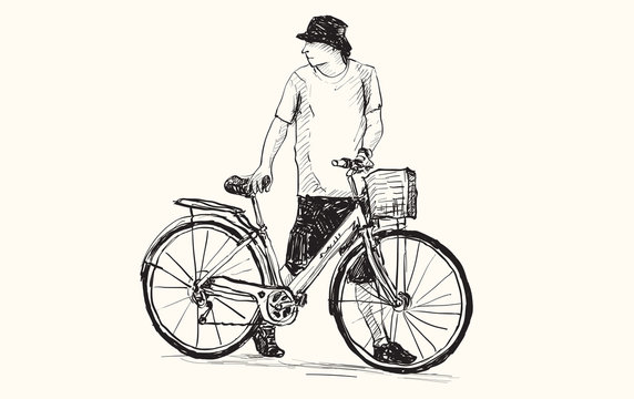 sketch of a man and bicycle, free hand drawing, vector and illustration