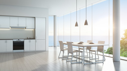 Sea view kitchen and dining room in luxury vacation home with modern white interior design - 3D rendering