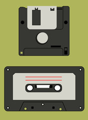 Floppy Disk and Cassette. Hipster design.