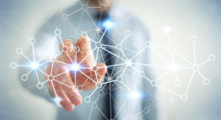 Businessman touching data network with his finger 3D rendering
