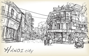 sketch of Hanoi town street market and old building , free hand draw illustration vector