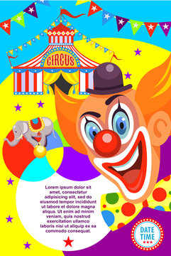 Цирковая афиша. Веселый клоун приглашает в цирк. Векторная иллюстрация.
