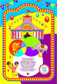 Circus poster. Trained animals, strong man with weights. Vector illustration.