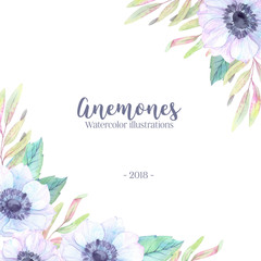 Hand drawn watercolor illustration. Wedding invitation or greeting card with leaves and anemones flowers. Watercolor ready to use card. Save the date.