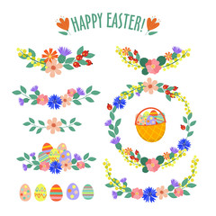 Set of spring and Easter elements. Flowers, painted eggs, basket of eggs. Happy Easter!