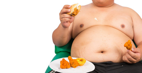 Fat man eating hamburger isolated on white background.