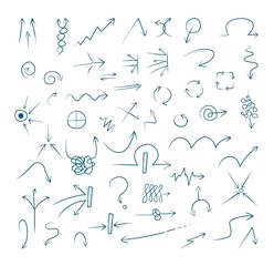 Doodle arrow icons set with spiral, square, circle and triangle directions, shapes