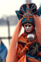 Marvellous Venetian mask in blue and orange with silver ball - Carnival in Venice