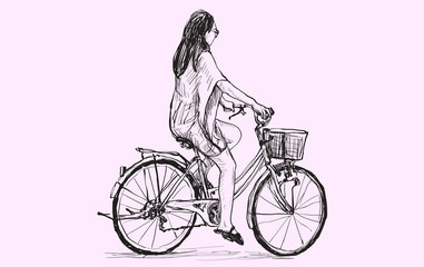 sketch of a woman riding bicycle, free hand drawing, vector and illustration