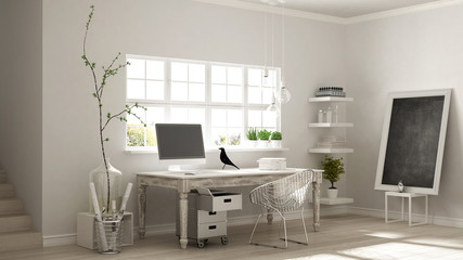 Home workplace, scandinavian house room corner office, classic minimalist interior design