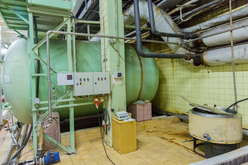 Special industrial equipment in the workshop of a factory for the production of wines and champagne