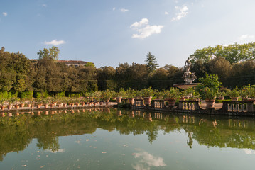 Obraz premium Italian garden with mediterranean plants reflecting in the lake
