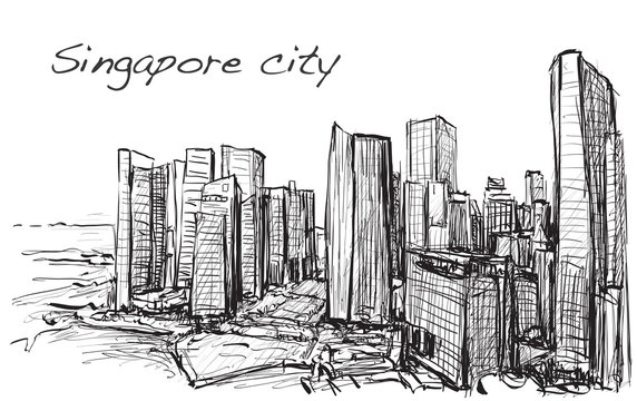 Sketch cityscape of Singapore building skyline, free hand draw illustration vector