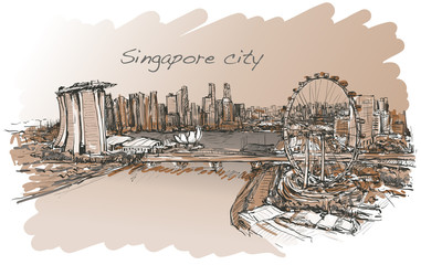 sketch cityscape of Singapore skyline in sepia, free hand draw illustration vector