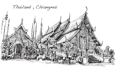 sketch of Thai temple asia style in Chiangmai, Wat Mahawan temple, hand draw illustration vector
