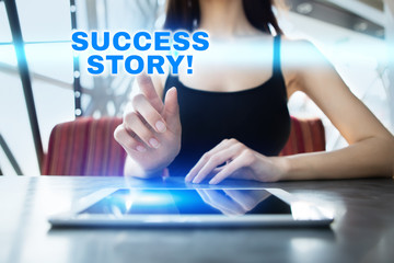 Woman is using tablet pc, pressing on virtual screen and selecting success story!.