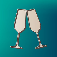 Sparkling champagne glasses. Vector. Icon printed at 3d on sea color background.