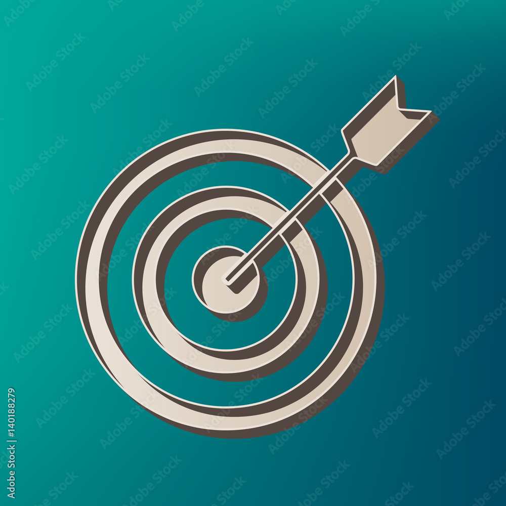 Aufkleber target with dart. vector. icon printed at 3d on sea color background.