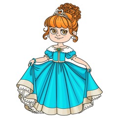 Beautiful little princess curtsies isolated on white background