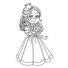 Beautiful princess holding bouquet of lilies in hand outline for coloring isolated on white background