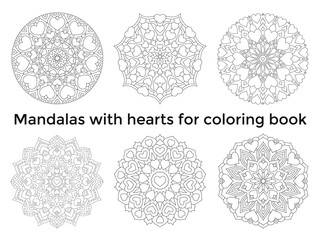 Set mandalas with hearts. Collection symmetric circular ornaments