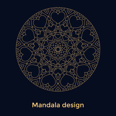 Golden ornament mandala with hearts on black
